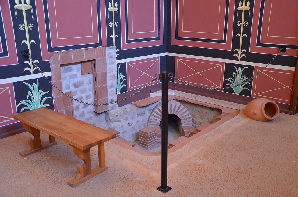 The reconstructed hypocaust in the resting room next to the baths.