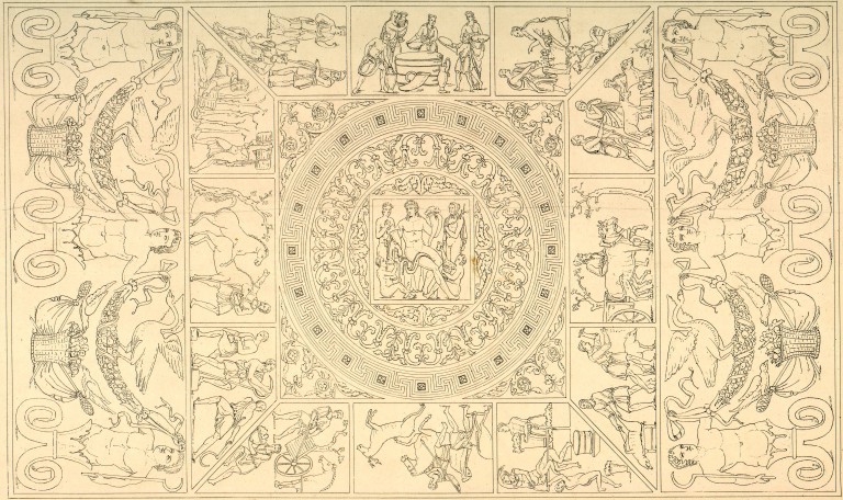 Drawing (circa 1850): restitution of the motifs of the central vault. At the center perhaps Bacchus; Around: calendar of months and seasons (BM Reims).