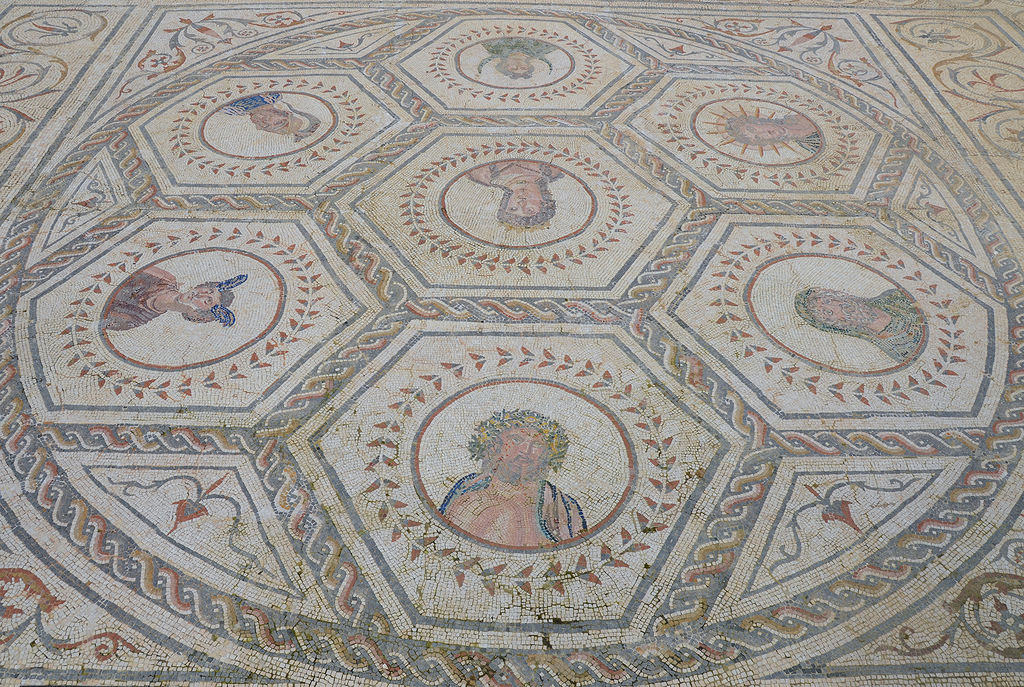 Mosaic with busts of the planetary deities in the House of the Planetarium. who gave their names to the days of the week. In the center is Venus (Friday). Anticlockwise from bottom center are Jupiter (Thursday), Saturn (Saturday), Helios or Sol (Sunday), Luna or Selene (Monday), Mars (Tuesday), and Mercury (Wednesday).