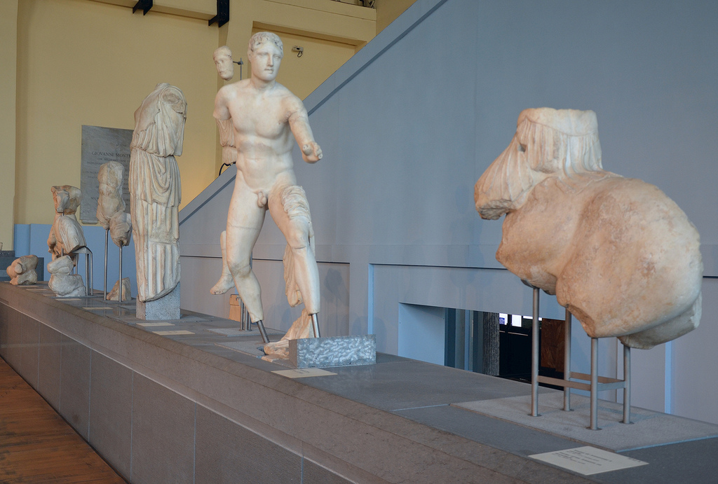 The reconstructed pediment of the Temple of Apollo Sosianus with sculptures narrating the battle between the Greeks and the Amazons.