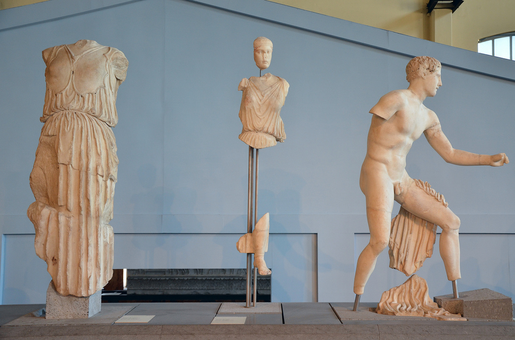 The reconstructed pediment of the Temple of Apollo Sosianus with sculptures narrating the battle between the Greeks and the Amazons, the sculptures are Greek originals (c. 450 - 425 BC) brought to Rome in the Augustan period.