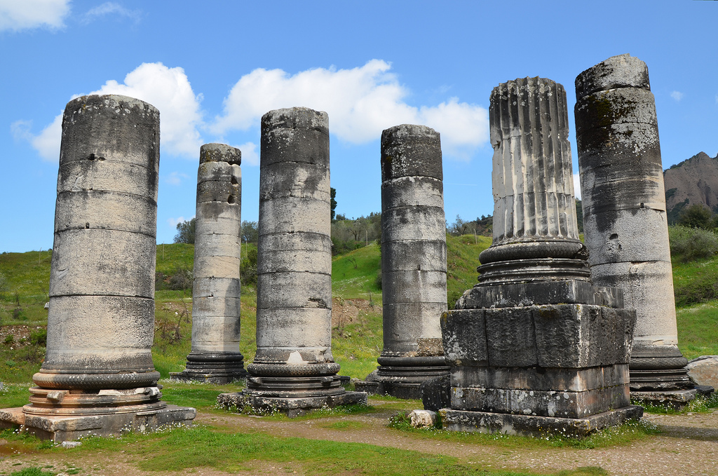 The Temple of Artemis was fronted on each end by eight columns almost 17.8 m high; twenty such columns were on each side. The extant columns are largely Roman replacements.
