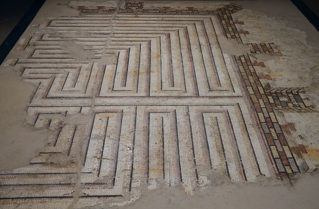 Mosaic depicting a labyrinth surrounded by city walls with towers, 100-80 BC, from Piazza San Giovanni in Laterano, excavation of a Republican Domus.