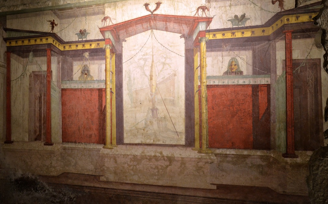 South wall of the Room of the Masks, 2nd Pompeian style.