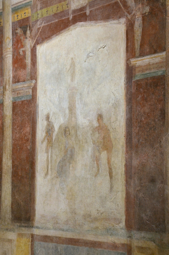 Mythological scene depicting Mercury rescuing the mortal woman Io, who had been changed into a white heifer by Zeus in order to disguise his affair with her. Io is facing her guardian Argus while Mercury, arriving from the left, is about to free her.