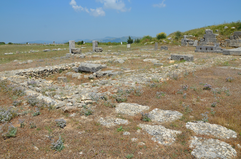 The remains of the stage building of the theatre (scaenae frons) with architectural parts in the Doric order.