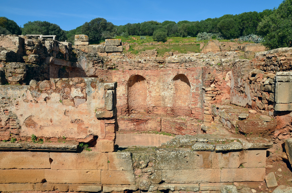 The octagonal Nymphaeum. It formed a water tower and was supplied by an aqueduct.
